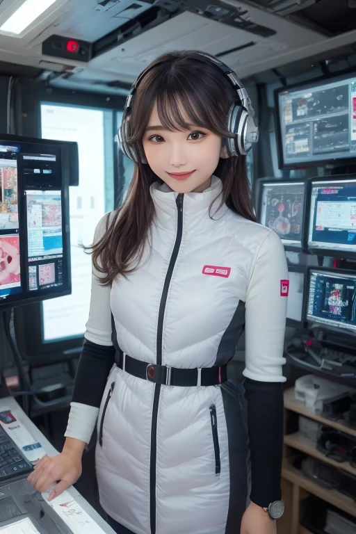 masterpiece, Highest quality, Very detailed, 8K Portrait,Japanese Android Girl,plump , Control panel,Robotic arms and legs, Blunt bangs,,break (Metallic Gray, Metallic luster, Mirror finish, Astro Best):5,headphone:5,break (Black sleeves):100,Smart Watches,Futuristic space station,Control Room,break headphone,blue eyes,(Black Hair):2,(Long Hair):1.3,Displaying the viewer,(respirator),break blush:3,Hidden Hand,smile