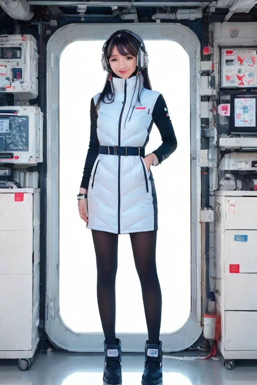 masterpiece, Highest quality, Very detailed, 8K Portrait,Japanese Android Girl,plump , Control panel,Robotic arms and legs, Blunt bangs,,break (Metallic Gray, Metallic luster, Mirror finish, Astro Best):5,headphone:5,break (Black sleeves):100,Smart Watches,Futuristic space station,Control Room,break headphone,blue eyes,(Black Hair):2,(Long Hair):1.3,Displaying the viewer,(respirator),break blush:3,Hidden Hand,smile