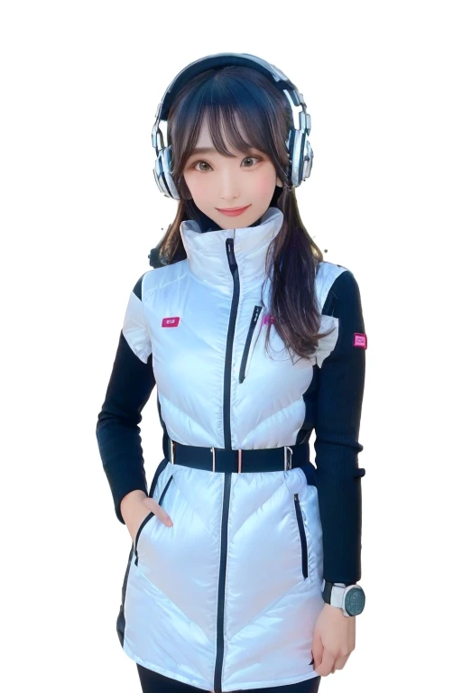 masterpiece, Highest quality, Very detailed, 8K Portrait,Japanese Android Girl,plump , Control panel,Robotic arms and legs, Blunt bangs,,break (Metallic Gray, Metallic luster, Mirror finish, Astro Best):5,headphone:5,break (Black sleeves):100,Smart Watches,Futuristic space station,Control Room,break headphone,blue eyes,(Black Hair):2,(Long Hair):1.3,Displaying the viewer,(respirator),break blush:3,Hidden Hand,smile