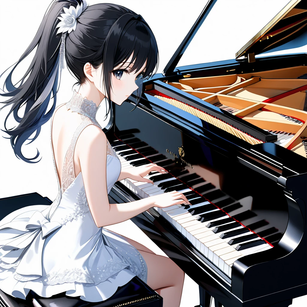 (((White background:1.5)))、(very wide shot)、(masterpiece、Ultra HD、Highest quality、Masterpiece、4K:1.2)、Playing the piano、Idol、The elegant pianist、 Intricate details, Highly detailed eyes, Highly detailed fingers、Black hair ponytail、White elegant dress, Intricate details、