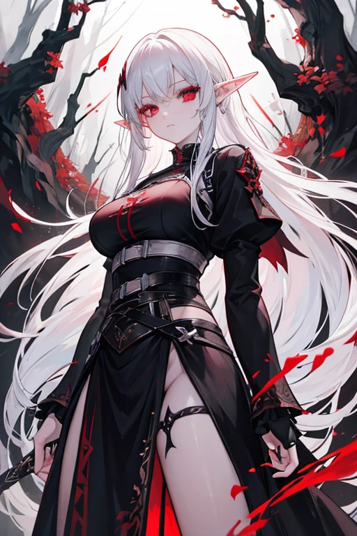 I want an Elf with red eyes and white hair wearing black clothes with daggers on her waist in a black forest environment