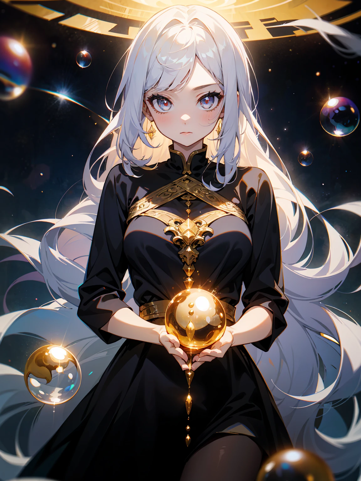 1 adult, masterpiece, best quality, girl, look at the viewer, ((she touching a bubble)), in the universe, wearing a black dress, golden details, ((looking pretty)), ((very confident)), white hair, silver eyes, long straight hair, many bubbles around, self-confident, powerful, epic, goddess
