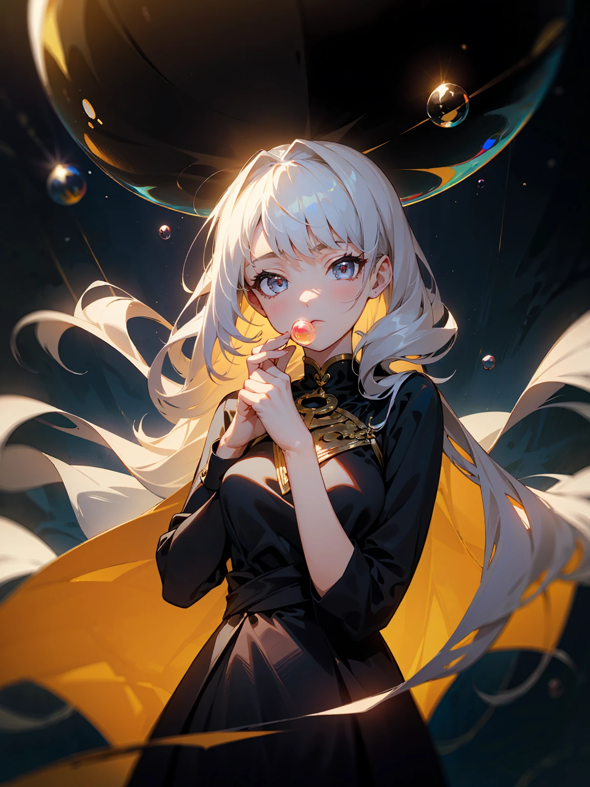 1 adult, masterpiece, best quality, girl, look at the viewer, ((she touching a bubble)), in the universe, wearing a black dress, golden details, ((looking pretty)), ((very confident)), white hair, silver eyes, long straight hair, many bubbles around, self-confident, powerful, epic, goddess