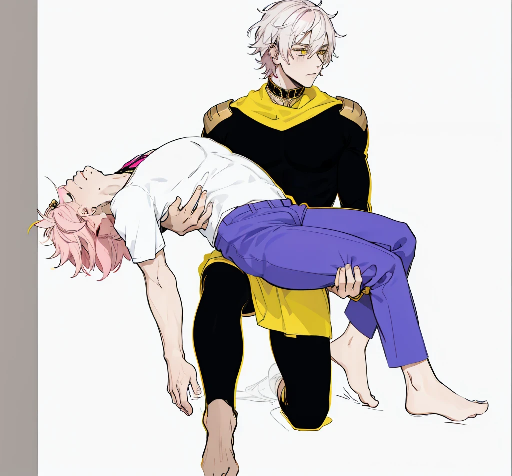 He is lifting a shitty boy in his arms., pink hair the other has white hair yellow eyes he is barefoot black suit with yellow and gold metals