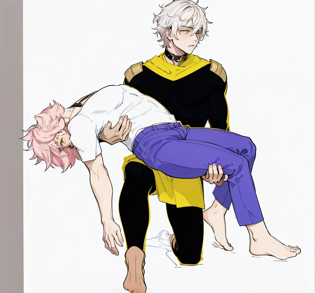 He is lifting a shitty boy in his arms., pink hair the other has white hair yellow eyes he is barefoot black suit with yellow and gold metals