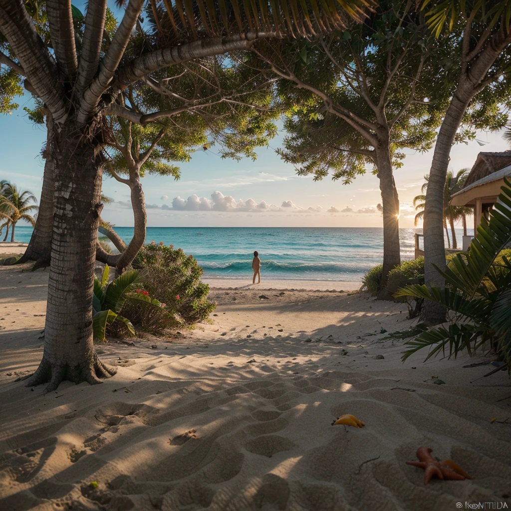 landscape, the ocean with crimson-blue dawn, from far away you can see the mountains, from the mountains in the ocean is a high bridge created by nature slightly overgrown with grass and vines, yellow sand. In the background are residential one-story houses, near the houses grow palm trees. On the shore of the ocean in the lotus position sits a girl of 27 years old, with red wavy hair in a light sports suit and meditates.