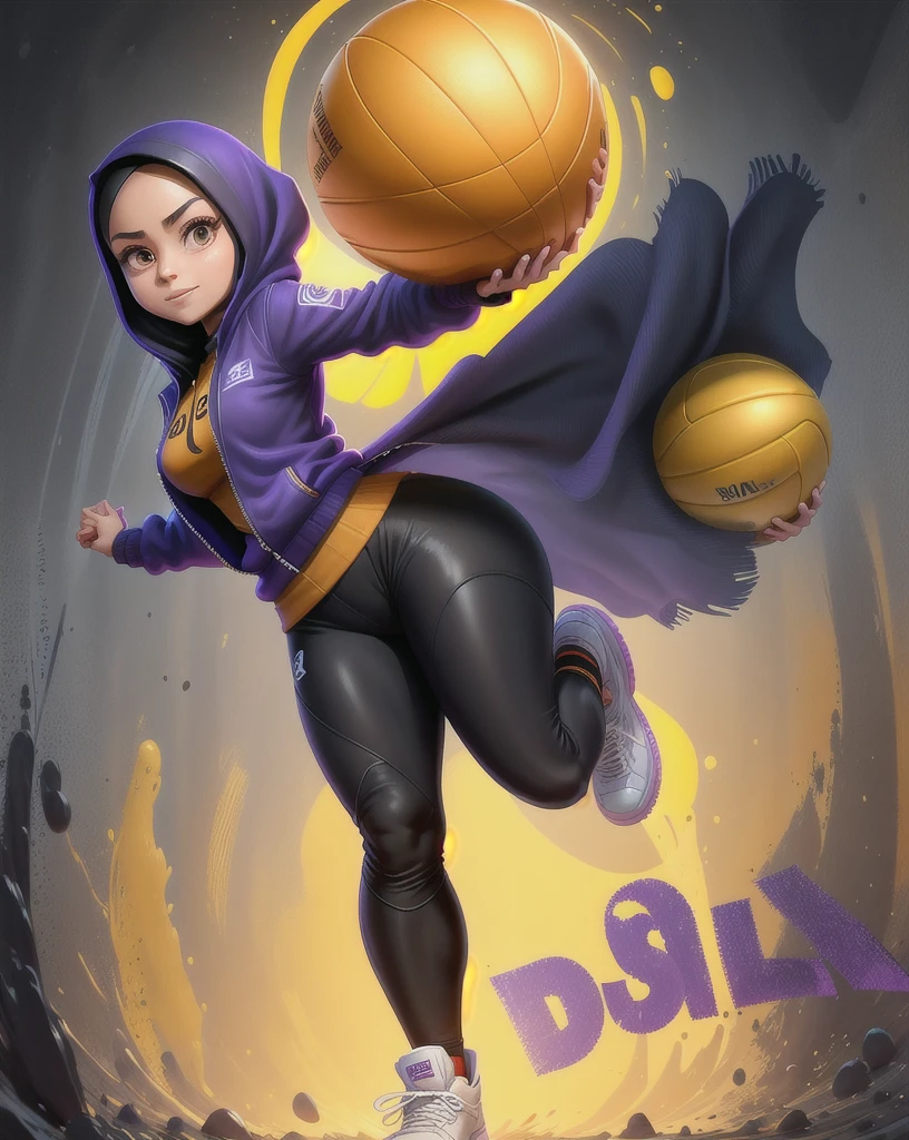 Pixar style cartoon style of a woman wearing a black hijab wearing a purple jacket with a black zipper,black training pants,White Skechers shoes with orange stripes,standing smiling holding a yellow and blue volleyball ball "Mikasa",Indonesian road background, poster, Photo, render3d, Disney Pixar logo