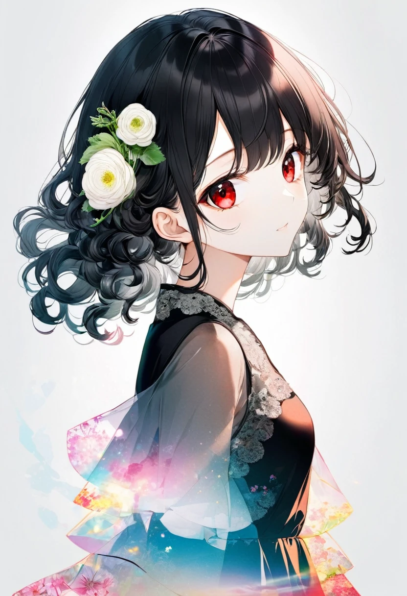16k, (double exposure:1.05 silhouette: 1.1) (many white Ranunculus asiaticus), wearing layered one piece dress, frontale curly hair black hair long hair lovely red eyes girl.