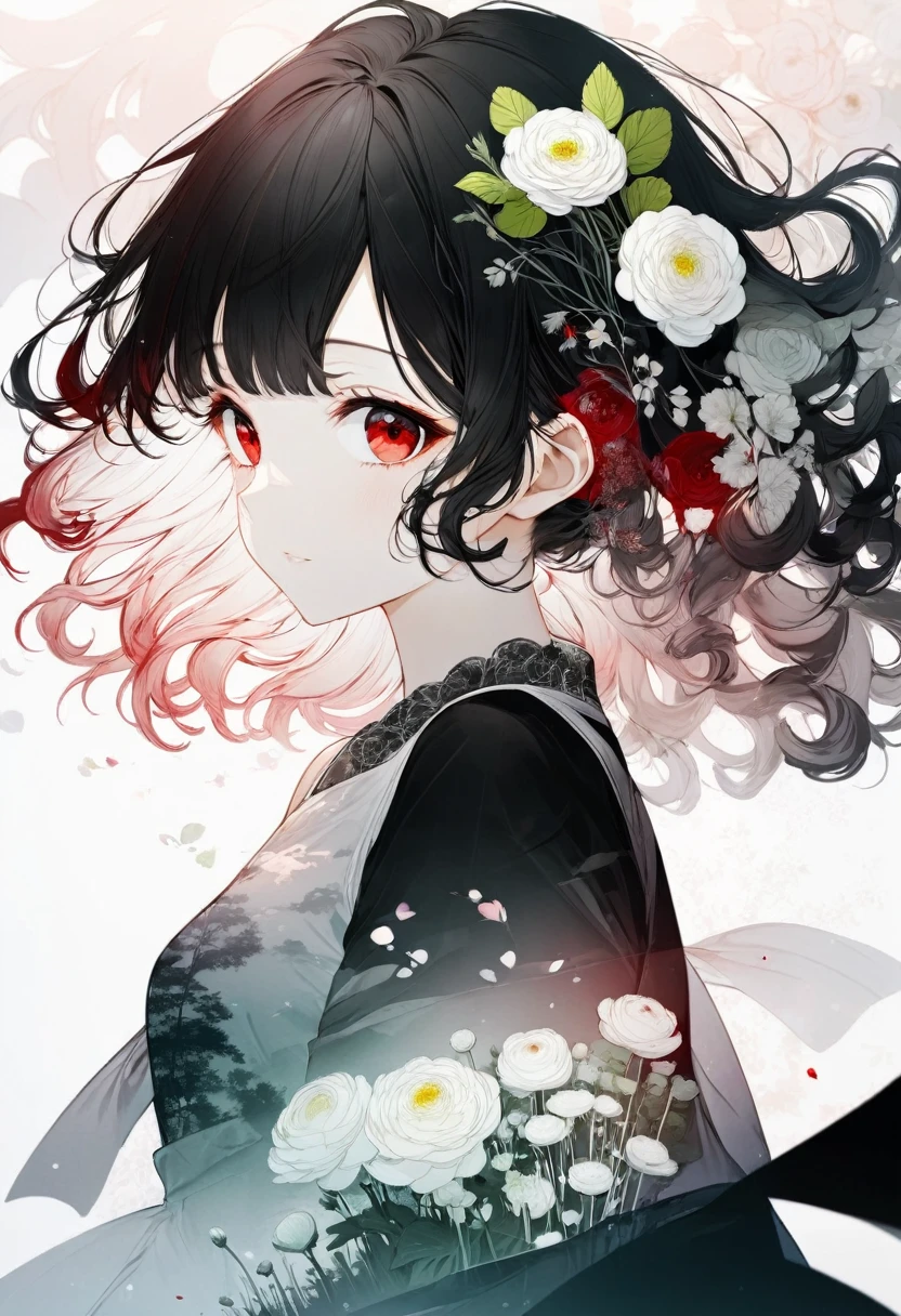 16k, (double exposure:1.05 silhouette: 1.1) (many white Ranunculus asiaticus), wearing layered one piece dress, frontale curly hair black hair long hair lovely red eyes girl.