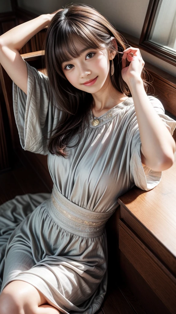 ((SFW: 1.4)), Detailed face, Cute face,Brown eyes,masterpiece , Highest quality , Very detailed , dress , (Mature Woman) , Lie , Raise your arms , Underarm , From above , Japanese , smile , Bedroom