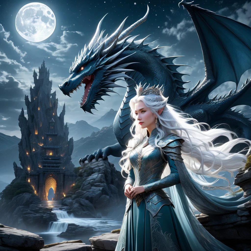 A massive dragon looms close to a regal queen with flowing white hair, set against a fantastical landscape. The moon casts a silvery glow over the scene, highlighting the dragon's glistening scales and the queen's intricate, stone-studded crown. They stand on a rocky outcrop, surrounded by ancient stone ruins, with the moonlight reflecting off the weathered surfaces. The dragon's eyes, filled with wisdom and power, meet the queen's calm, determined gaze. The air is thick with magic and the promise of untold stories as the queen, clad in a flowing gown, gently rests her hand on the dragon's snout.