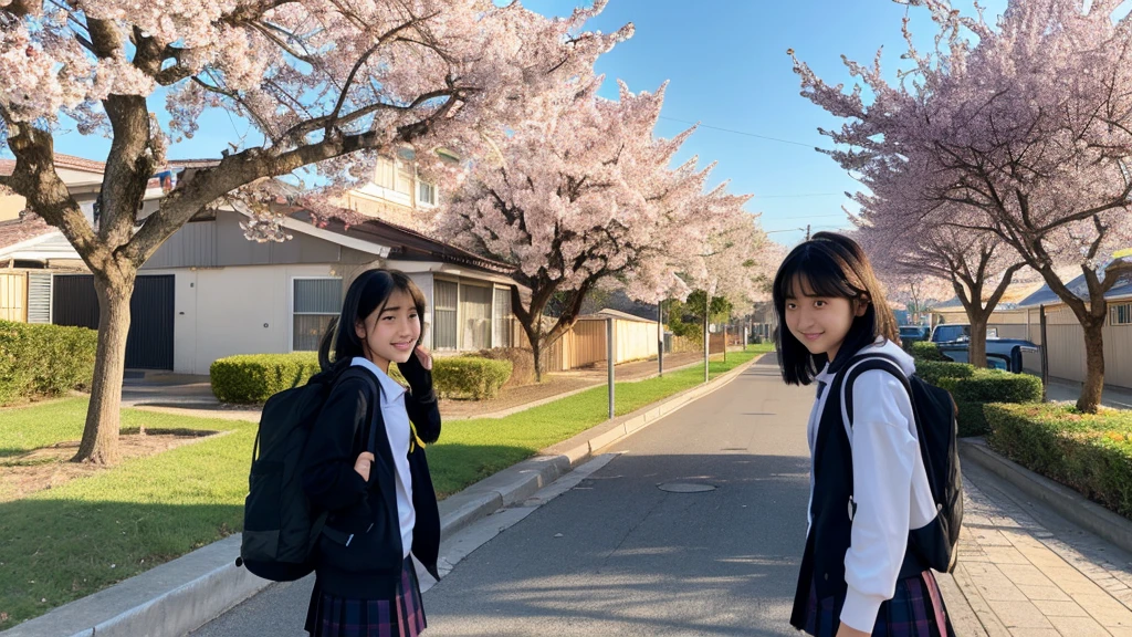 Description: A high school student named Hana is seen getting on a bus in the early morning. She is wearing a with a blazer and a skirt, and has a backpack slung over one shoulder. The bus is modern and clean, with other students also boarding.
Setting: A quiet suburban street with cherry blossom trees lining the road.
Detail: The sky is just starting to lighten, and there's a hint of morning dew on the ground.