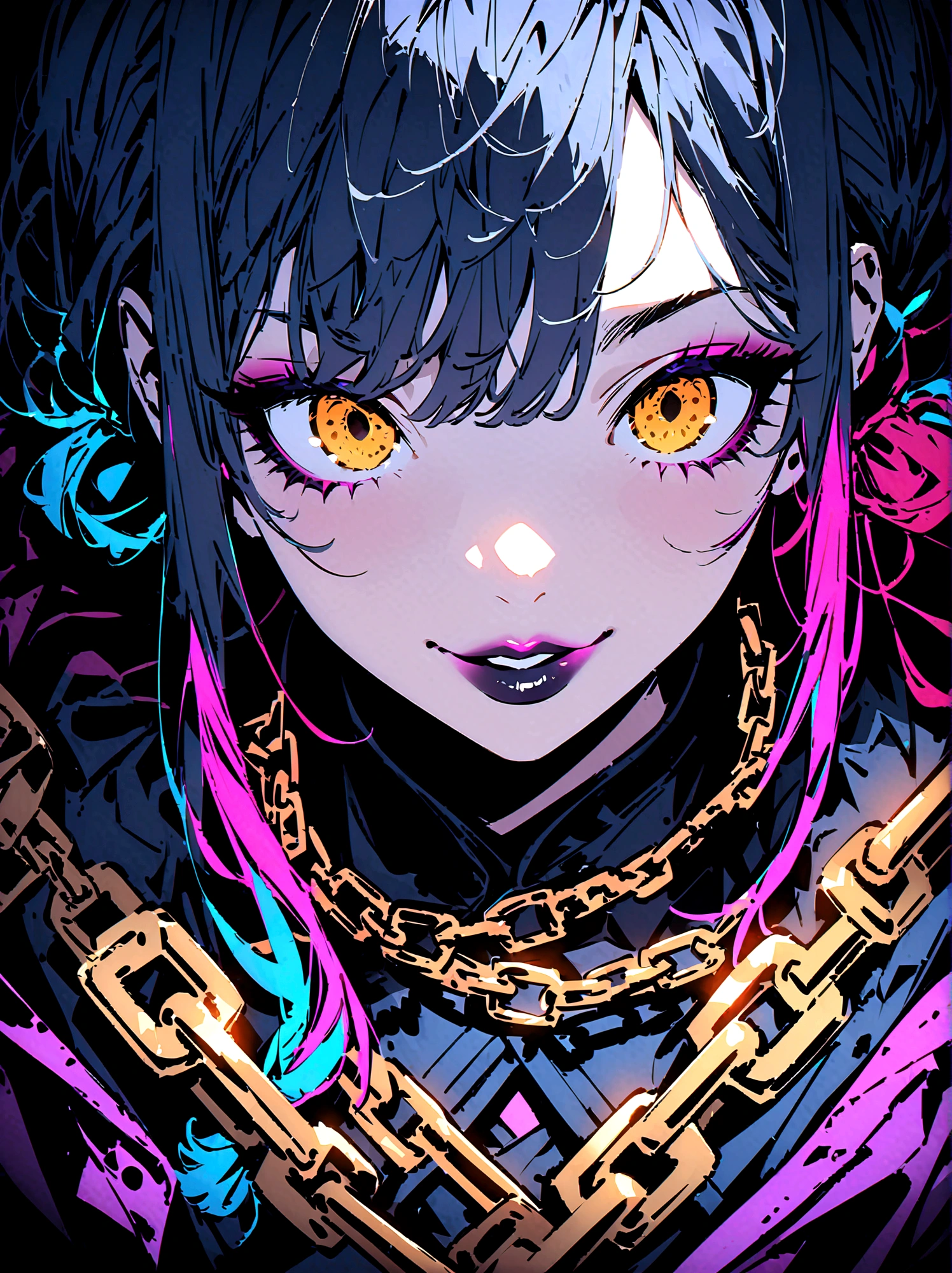anime, goth style woman, chain accesories, dark clothes with a shade of gold, Japanese-style hair tied and a little messy, dark gothic makeup, black lips, dark circles, smile, abandoned doll factory setting, horror, highres, ultra-detailed, (best quality,4k,highres,masterpiece),subdued colors, vivid colors, professional lighting, detailed lips, detailed eyes