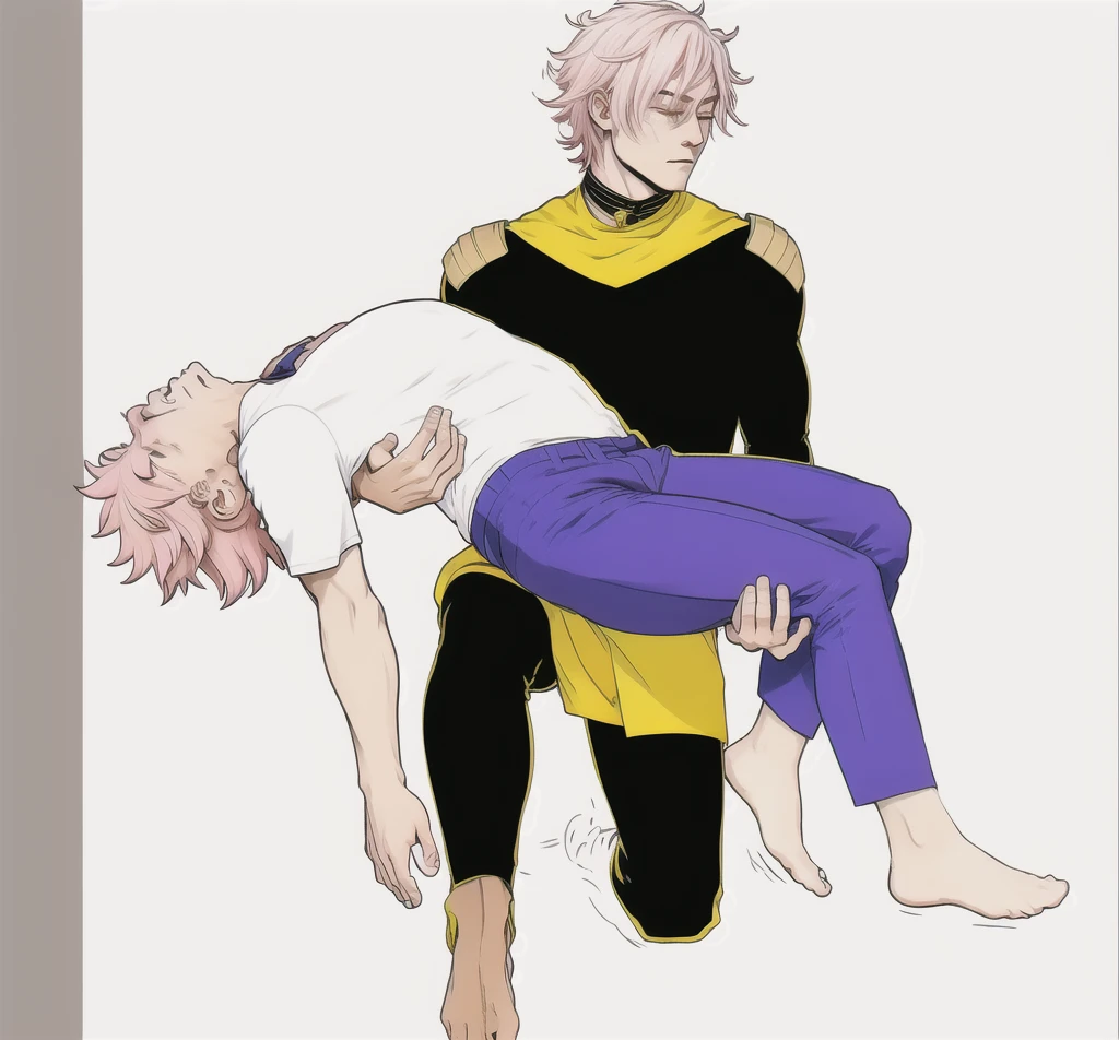 There is a cute shitty boy with his eyes closed and pink hair, he is being lifted in the arms of a man, he is lifting a shitty boy in his arms., pink hair the other has white hair yellow eyes he is barefoot black suit with yellow and gold metals