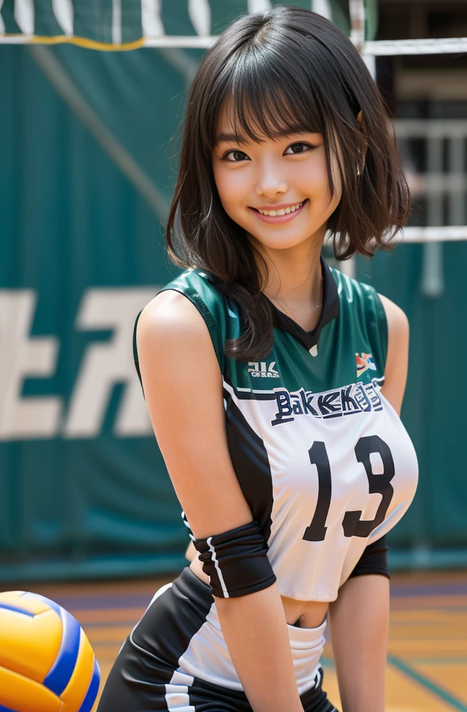 (8K、Raw photography、Highest quality、masterpiece:1.2),(Black Hair、Dark Eyes:1.9),(Volleyball Uniforms:1.6)、View your viewers,Front view,White skin,(:1.3)、(Tight waist:1.6)、(Clothes that accentuate the shape of the breasts:1.0)、(Big Breasts :1.3)、Slim figure、Ultra-high resolution,beautiful,beautiful fece,(One person、No background:1.9),whole bodyボディー,Japanese women,(reality的:1.37)、Photon Mapping,reality、(Baby-faced and cute: 1.4)、(Cute Smile: 1.8)、(Round face: 1.8)、Radio City、Physically Based Rendering、Depth of field rally background、photograph, (I can see your knees、Thigh close-up:1.8),(:1.6),whole body、Great quality