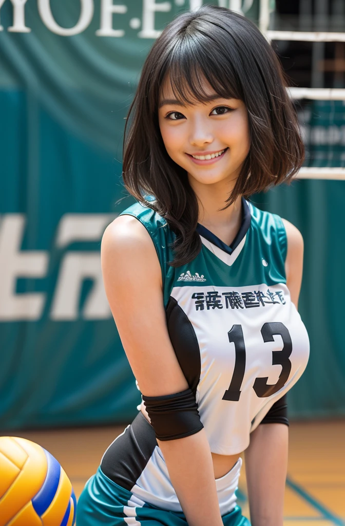 (8K、Raw photography、Highest quality、masterpiece:1.2),(Black Hair、Dark Eyes:1.9),(Volleyball Uniforms:1.6)、View your viewers,Front view,White skin,(:1.3)、(Tight waist:1.6)、(Clothes that accentuate the shape of the breasts:1.0)、(Big Breasts :1.3)、Slim figure、Ultra-high resolution,beautiful,beautiful fece,(One person、No background:1.9),whole bodyボディー,Japanese women,(reality的:1.37)、Photon Mapping,reality、(Baby-faced and cute: 1.4)、(Cute Smile: 1.8)、(Round face: 1.8)、Radio City、Physically Based Rendering、Depth of field rally background、photograph, (I can see your knees、Thigh close-up:1.8),(:1.6),whole body、Great quality