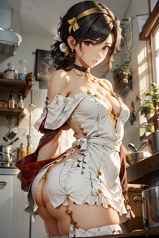 (from below:1.2), (perky chest:1.2), (pointed chest:1.2), 1girl, Bust A Cup, Amazing Cleavage:1.1, thin waist, big ass, Raised cute, small breast: 1.1 posed cleavage:1.2、solo, looking at viewer, have a cute glass of cute beer glass,black hair, dark green eyes, dress, bare shoulders, jewelry, collarbone, side locks, hairband, earrings, indoors, off shoulder, arms behind back, plants, short hair with long locks, gild hairband, off-shoulder dress, sweater dress, off-shoulder sweater, red sweater, dark gold hair, big side hair, very long side hair,is rendered in (masterpiece: 1.2, best quality), with (ultra high resolution) and an exquisite (depth of field). This masterpiece is not only visually stunning but also tells,A scene of cooking in the kitchen 