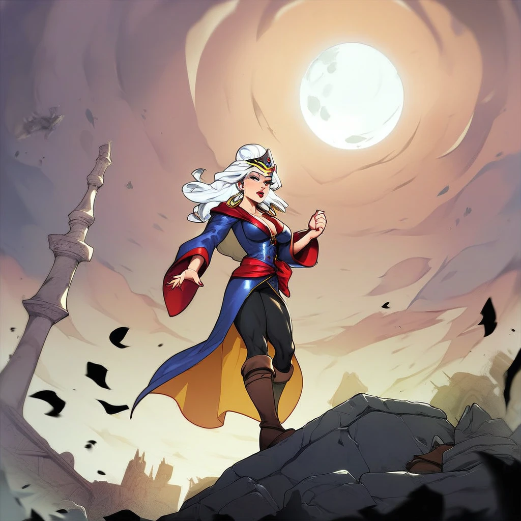 score_9, score_8_up, score_7_up, score_6_up, score_5_up, score_4_up, A massive dragon looms close to a regal queen with flowing white hair, set against a fantastical landscape. The moon casts a silvery glow over the scene, highlighting the dragon's glistening scales and the queen's intricate, stone-studded crown. They stand on a rocky outcrop, surrounded by ancient stone ruins, with the moonlight reflecting off the weathered surfaces. The dragon's eyes, filled with wisdom and power, meet the queen's calm, determined gaze. The air is thick with magic and the promise of untold stories as the queen, clad in a flowing gown, gently rests her hand on the dragon's snout.