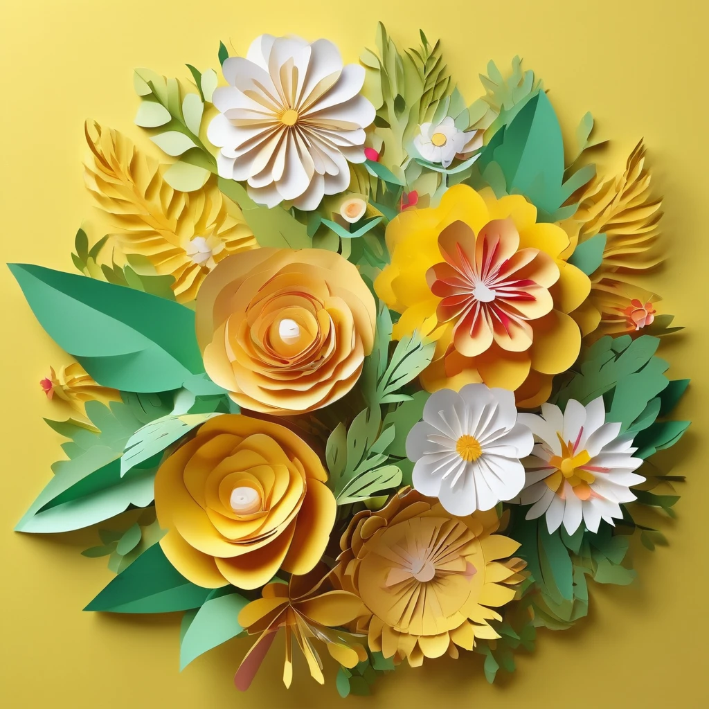 Design illustration of beautiful flowers bouquet, on a WHITE BACKGROUND, centered in the scene, flowers with vegetation, frontal view, layeres paper design, kirigami style, detailed folds, vivid color yellow candy palette, natural light, masterful craft, intrincated, 4k, sharp focus, perfect paperfold, white background
