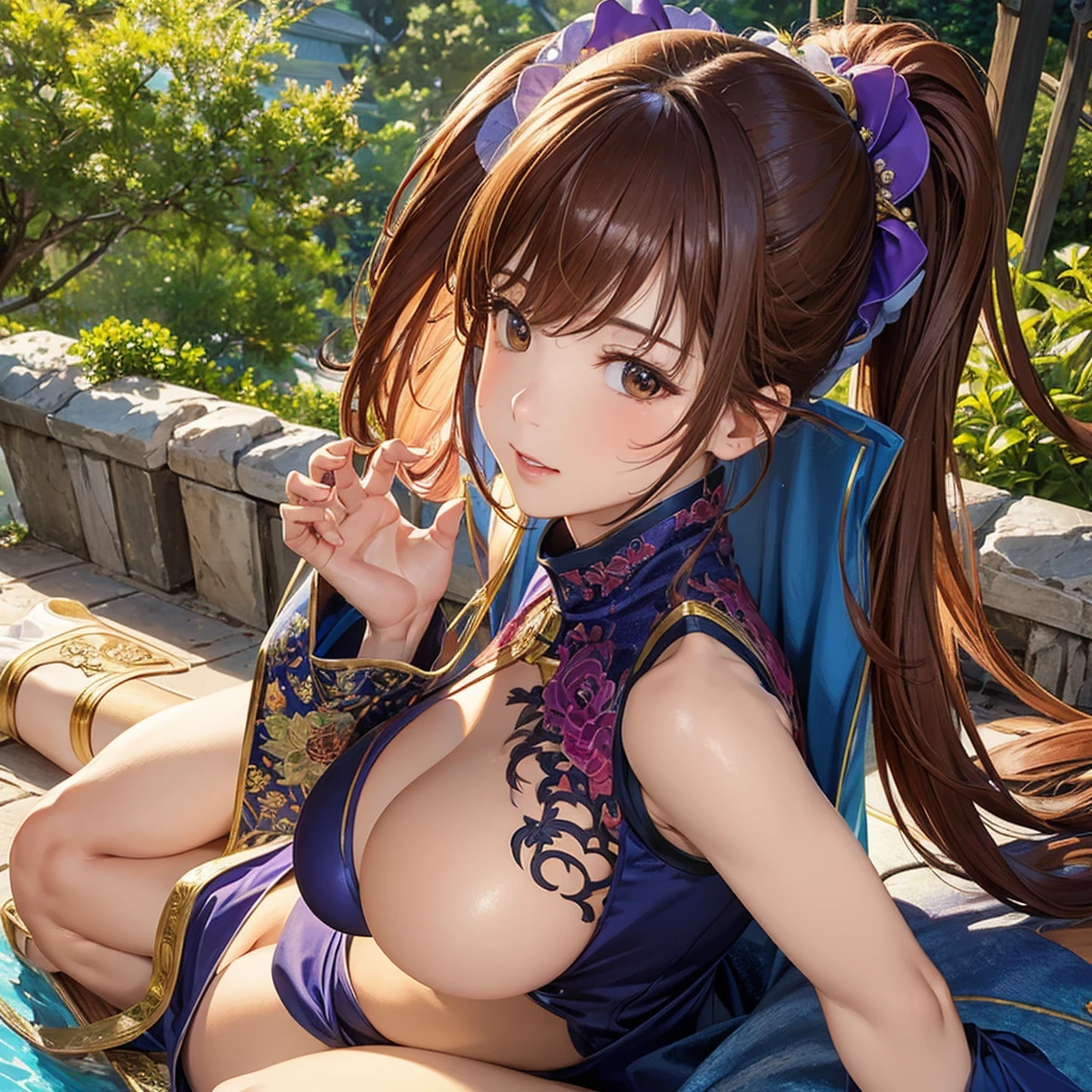 masterpiece、Highest quality、High resolution、High-quality images、8K、detailed、1 Female、Photorealistic、Skin luster、texture、Shiny Hair、detailedな目の描写、Lips、Light brown long hair、colorful、ponytail、Portrait、long body、Sensually、Thick thighs、Purple Navy Blue Cheongsam、slit、Mucha style background,big breasts,