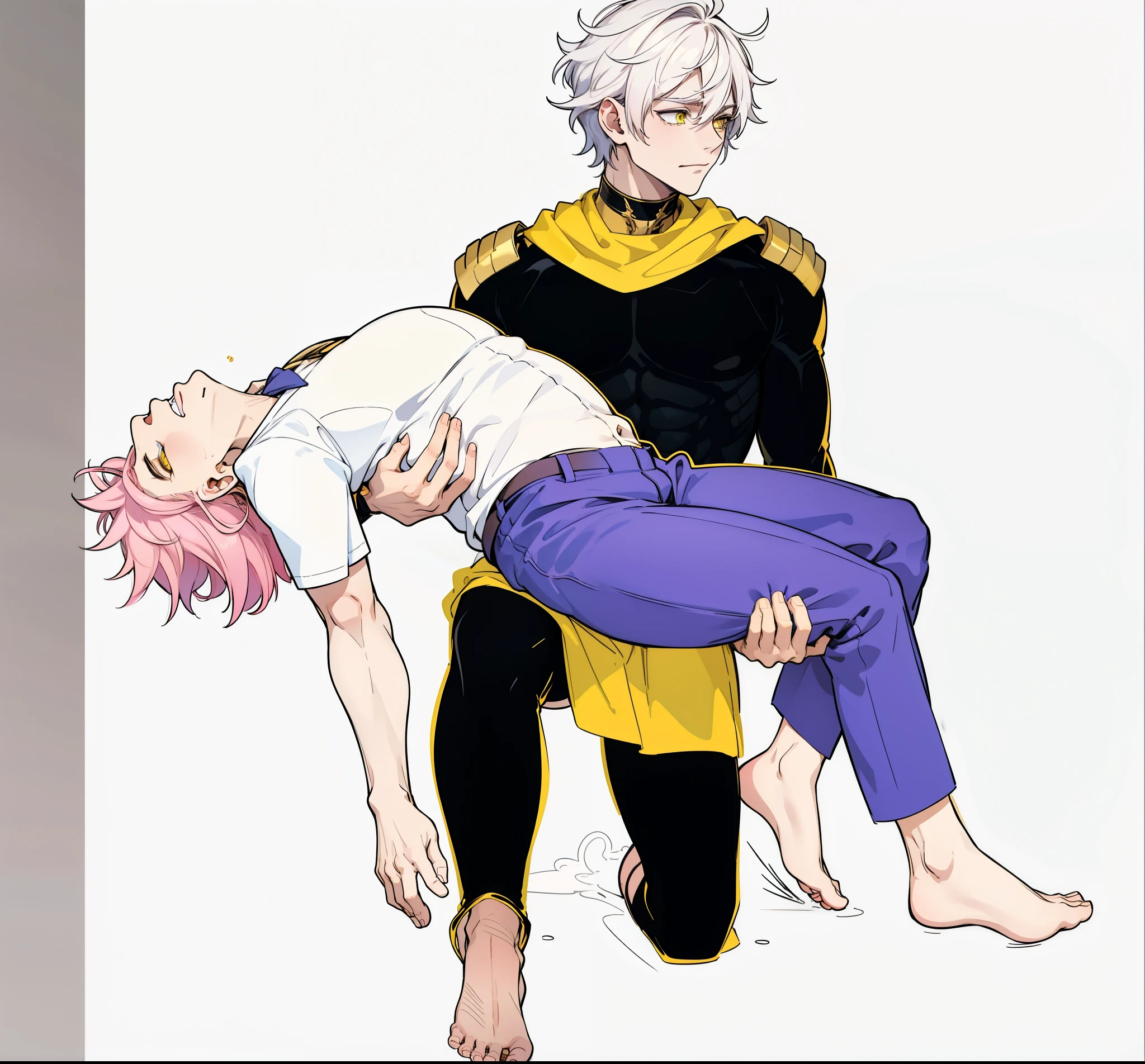 He is lifting a shitty boy in his arms., pink hair the other has white hair yellow eyes he is barefoot black suit with yellow and gold metals