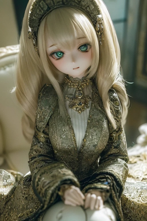 photorealistic, realistic photo, ((highest quality)), ((masterpiece)), (extremely detailed), kukolnydom, doll, (mature woman:1.7), solo, eye level shot, sitting on sofa, hands on knees, green eyes, (looking down, blank eyes, empty eyes, detailed eyes:1.3), (light smile), dress, museum, 8k