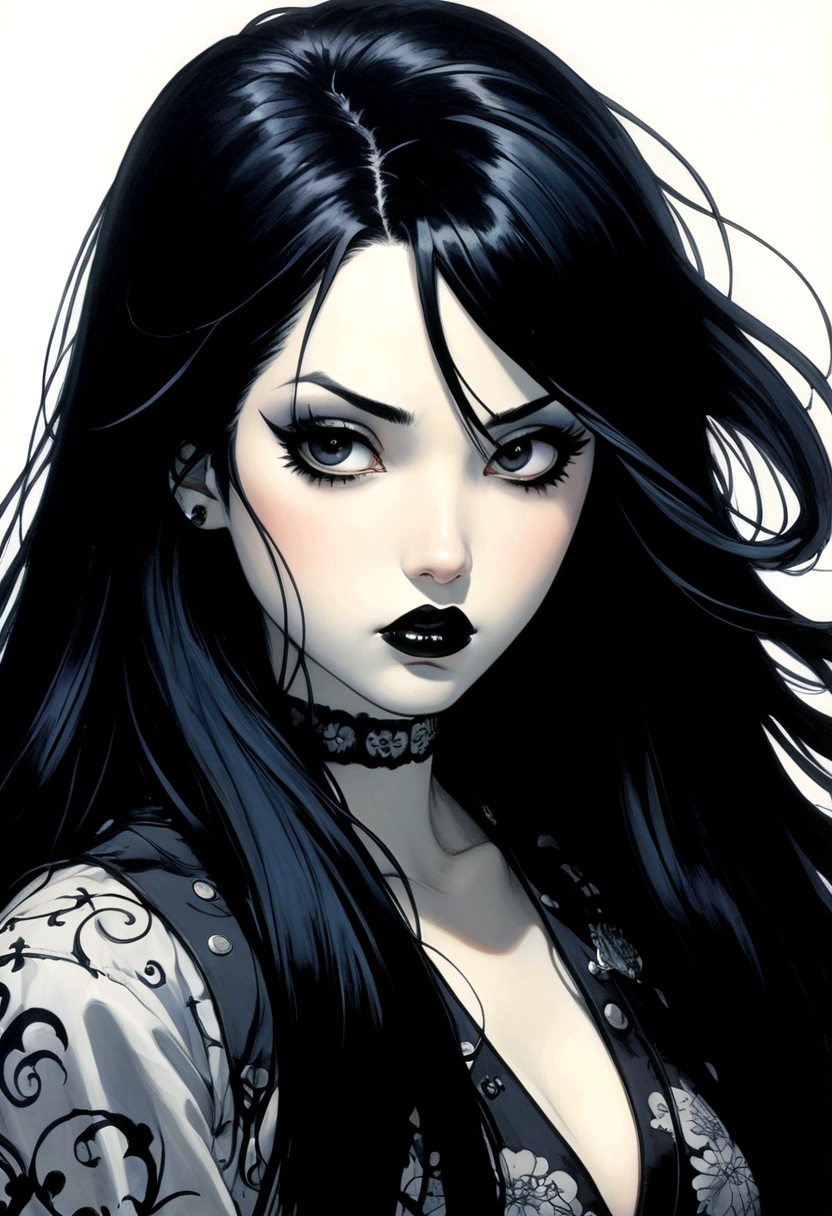 manga girl with long black hair, early 20s in age, goth makeup, black lips, 90s anime style, Chris bachalo art style, emotionally charged, vintage anime blur --niji 5

