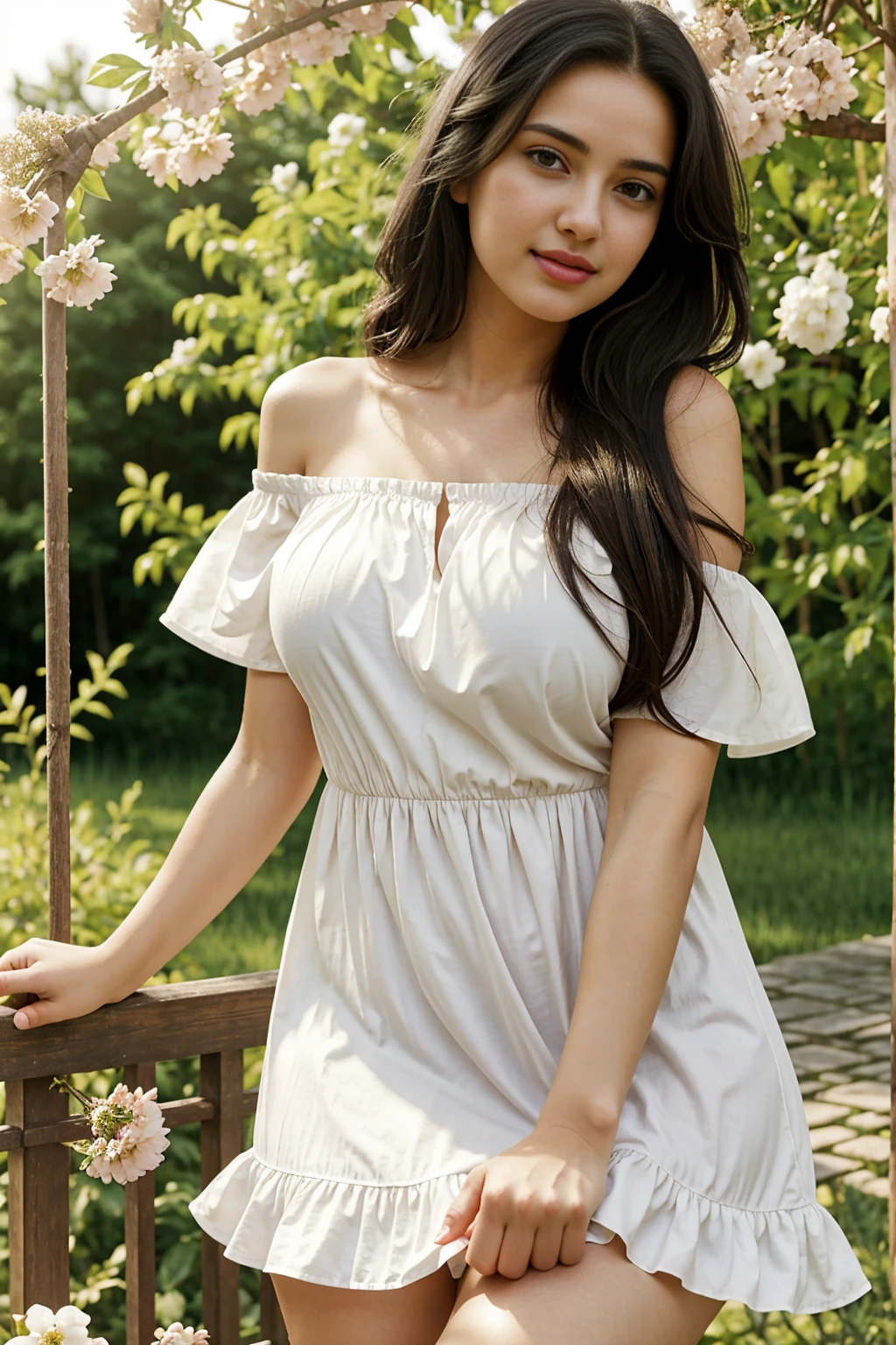 (8k, RAW photo, highest quality) depth of field, bokeh, 8K, HDR, cinematic rendering, 25-year-old asian, long wave black hair, (tits:1.2), slim body, hourglass, The girl in the photo shoot is a young woman in her early twenties. She has a slender, willowy build and stands at about 5'7". Her long, wavy hair is a rich, chocolate brown color, and falls in loose curls down her back. She has delicate features, with high cheekbones, full lips, and large, expressive brown eyes. Her skin is flawless, with a warm, golden glow.
For the photo shoot, she is dressed in a flowing white dress that billows gently in the breeze. The dress is made of a light, airy fabric that moves gracefully as she walks. It features a fitted bodice and a full, flowing skirt that falls to her ankles. The dress is simple, yet elegant, and perfectly complements the natural beauty of the garden setting.
The girl's makeup is natural and understated, with a hint of blush on her cheeks, a touch of mascara to enhance her eyelashes, and a soft, rosy lip color. She wears a pair of delicate, gold hoop earrings and a matching necklace, but otherwise, her look is simple and understated. Create a high-quality, professional photo that capture the essence of a serene and peaceful garden setting. The photos should feature a young woman dressed in a flowing white dress, with long, wavy hair and a serene expression on her face. The garden should be in full bloom, with a variety of flowers and greenery on display. The sun should be shining brightly, casting a warm, golden light over the entire scene. The theme of the photoshoot is 'Nature's Beauty,' and the goal is to capture the natural grace of the model and the beauty of the garden.