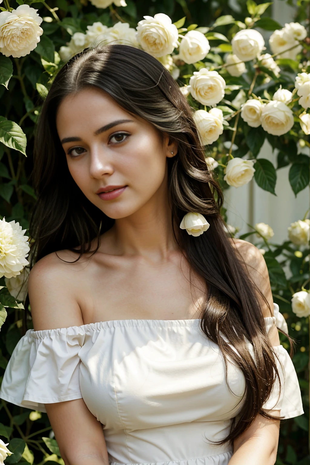 1girl 25 year old, solo, long hair, big round breasts, looking at viewer, black hair, bare shoulders, brown eyes, full body, , off shoulder, short white blouse, lips, realistic, nose, flirting with camera, relaxed expression,feminine pose,flower decorations,summer dress,serene ambiance,happy atmosphere, hyper-realistic