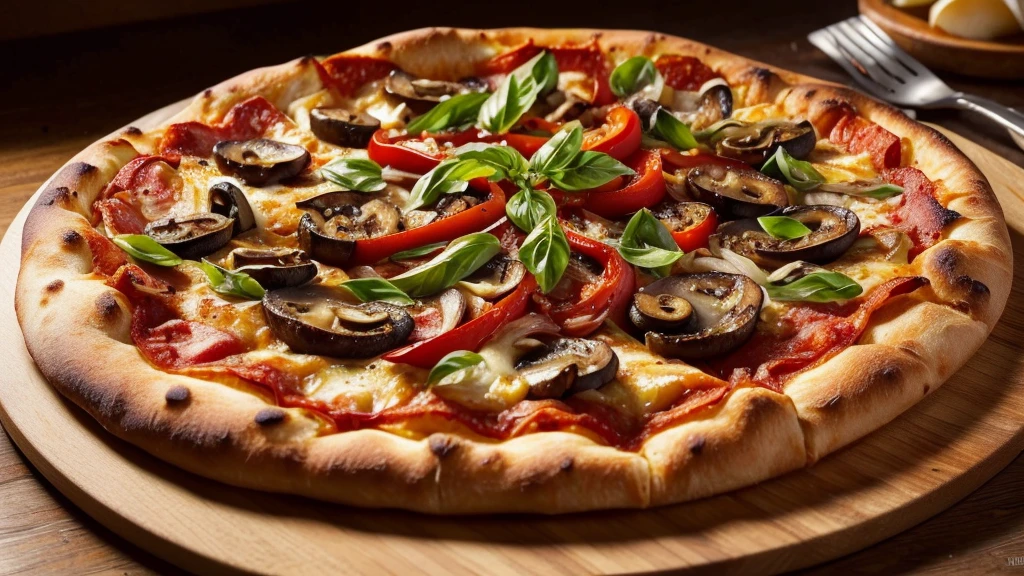 a delicious freshly baked pizza, steam rising, crispy golden crust, melted cheese, pepperoni, mushrooms, onions, bell peppers, vibrant colors, detailed texture, mouthwatering, perfect lighting, photorealistic, HDR, 8k, (best quality,4k,8k,highres,masterpiece:1.2),ultra-detailed,(realistic,photorealistic,photo-realistic:1.37)