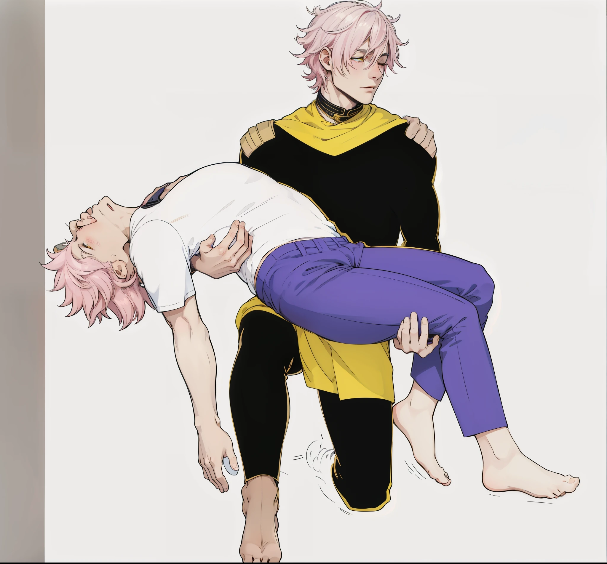 There is a cute shitty boy with his eyes closed and pink hair, he is being lifted in the arms of a man, he is lifting a shitty boy in his arms., pink hair the other has white hair yellow eyes he is barefoot black suit with yellow and gold metals