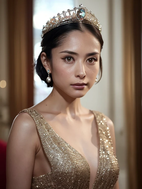 (Ultra-high resolution), (masterpiece), (Attention to detail), (high quality), (最high quality), ((upper body shot)) , One Girl, Medieval Lady, ((Queen)), Modern Princess, Stylish dresses, Bobcut, simple tiara, Elegant Jewelry, Glittering earrings, Royal Seal, Refined beauty, Minimalist, Sense of luxury, Charisma, Elegance, Modern palace, Crystal Decoration, stylish ambiance