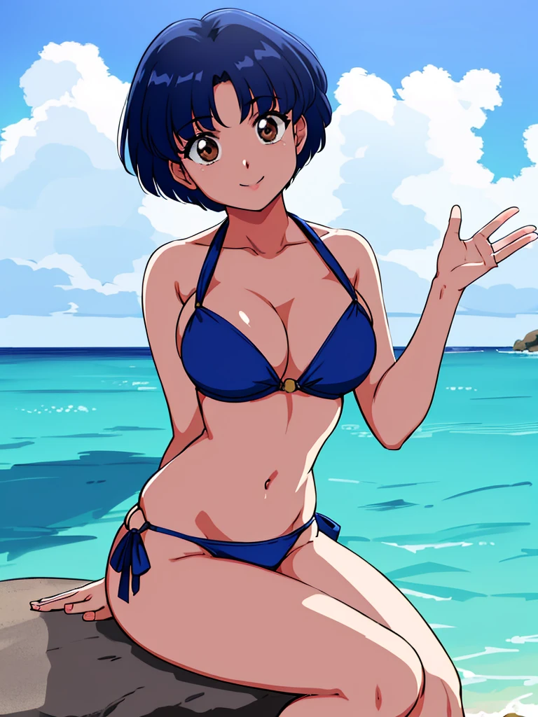 HDR, CG, sharp focus, (8k), (4k), masterpiece, best quality, detailed skin, extremely detailed, hiper detailed, sharp focus, looking at viewer, high quality, AKANE, Akane tendou, short hair, blue hair, brown eyes , tetas grandes, solo, 1girl, beach background, hands on chest, sit on rockd, bikini, waving, happy smile,
