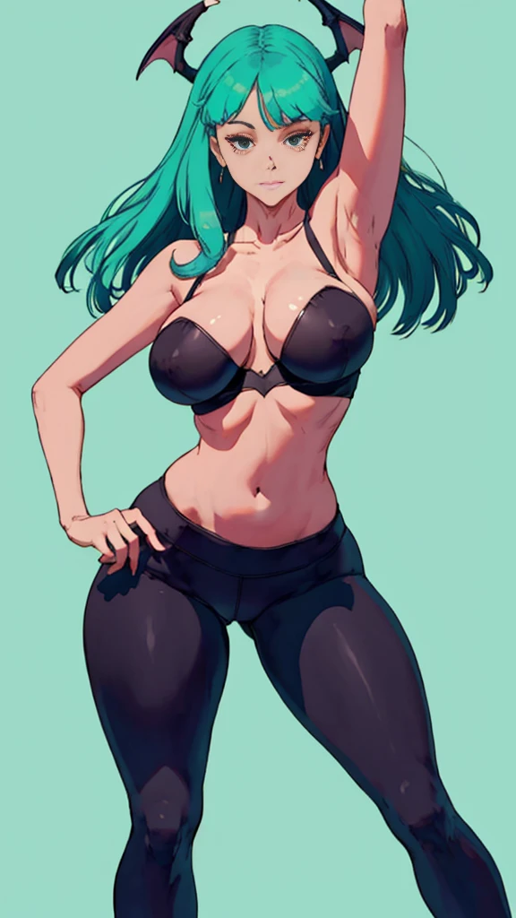 extremely delicate and beautiful, Amazing, finely detail, masterpiece, ultra-detailed, highres,best illustration, best shadow,intricate,sharp focus,  high quality, Morrigan Aensland, solo, long hair, curvy, milf, giant breasts, sexy body, black yoga pants, genshin impact,