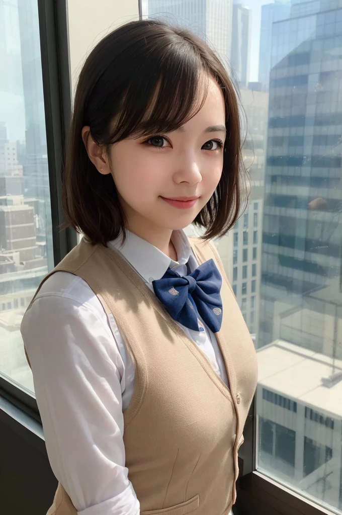1girl, matured female, vest, bow, photo, realistic, best quality, hires, detailed face, office, buildings from window, detailed background, diffused sunlight, depth of field, bokeh
