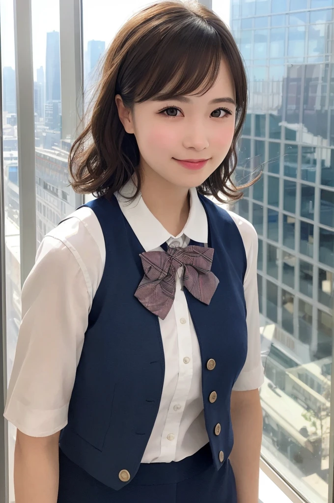 1girl, matured female, vest, bow, photo, realistic, best quality, hires, detailed face, office, buildings from window, detailed background, diffused sunlight, depth of field, bokeh