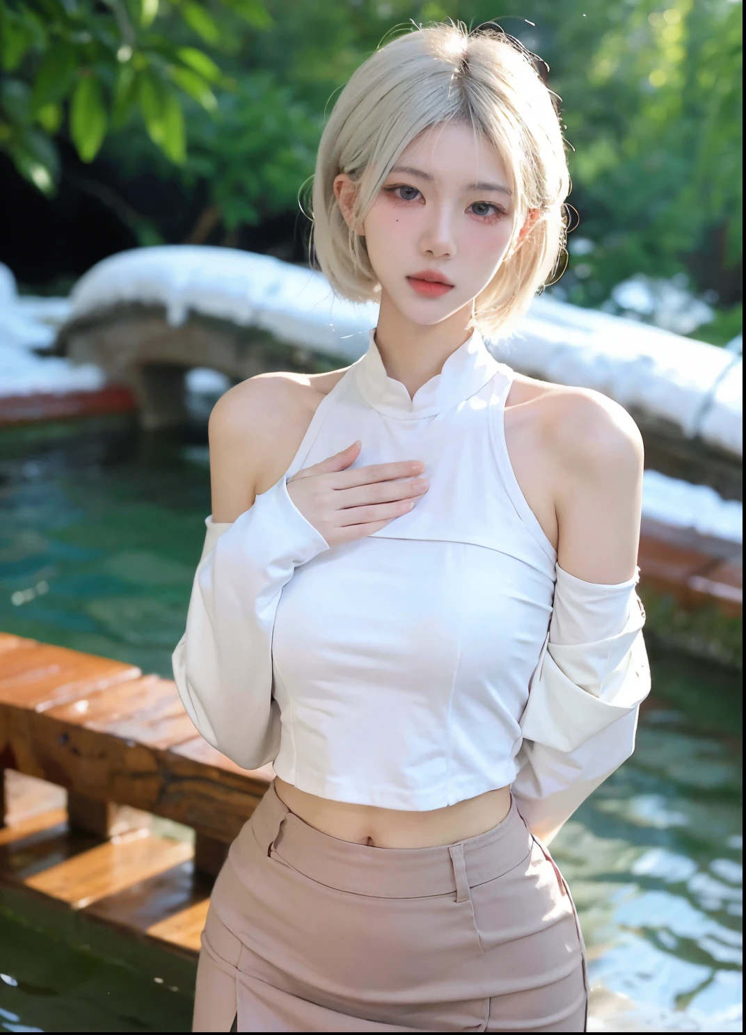 Beautiful woman with perfect figure:1.4,Ultra-high resolution,Put your hands behind your back,Snow background,(Realism:1.4),perspective,Layered hairstyle,Snow white skin,JK:1.5,Super short pleated skirt,whole body:1.4,Very delicate and skin texture,Double eyelids,Skin Whitening,Long hair,White hair