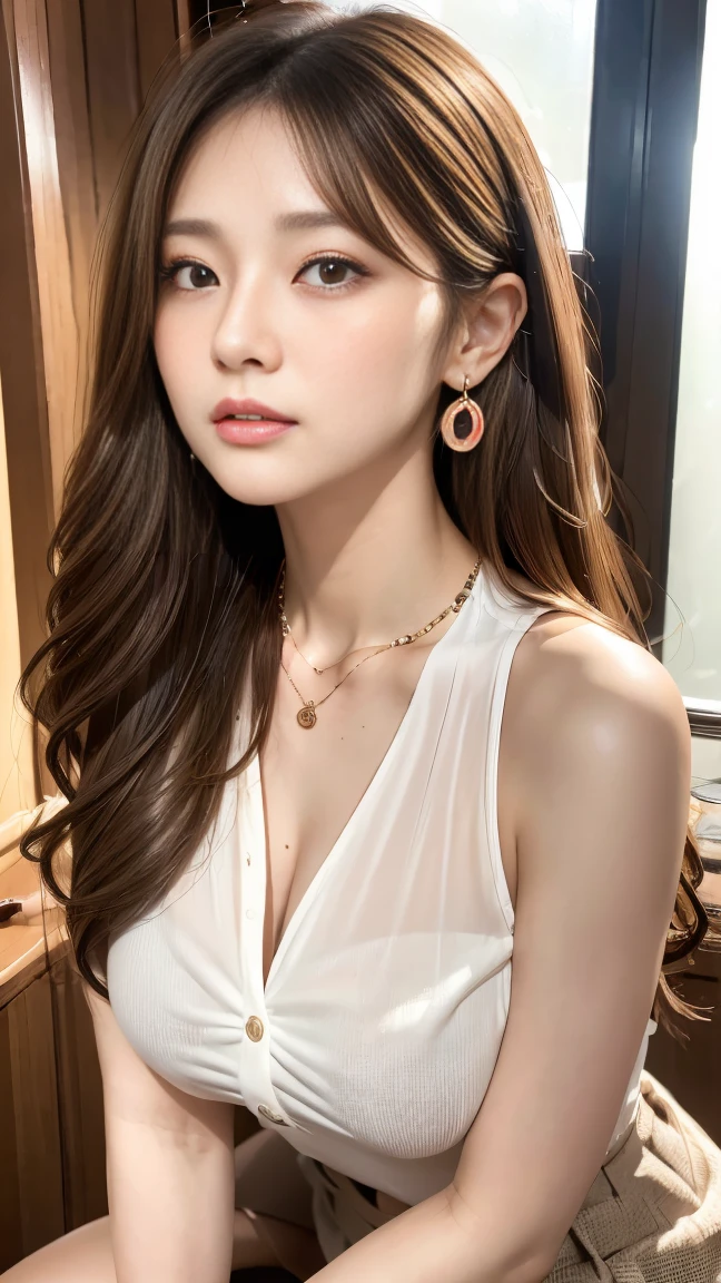 Ultra-high resolution, Superior Quality, Highest quality, Very detailed, Realistic, 8K, RAW Photos, Highest quality, masterpiece, Attractive girl, Awesome girl, Light brown hair、Wavy Hair、 hairstyle semi long、Mesh Hair, Japanese Idols, ear piercing、Necklace around the neck、sexly
