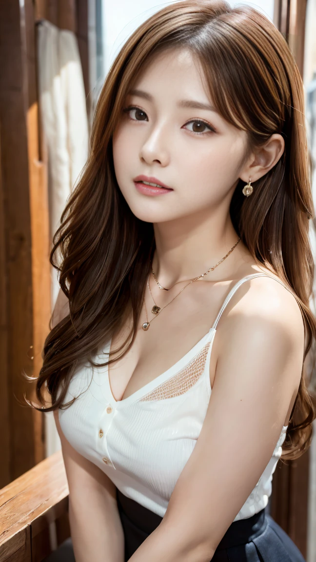 Ultra-high resolution, Superior Quality, Highest quality, Very detailed, Realistic, 8K, RAW Photos, Highest quality, masterpiece, Attractive girl, Awesome girl, Light brown hair、Wavy Hair、 hairstyle semi long、Mesh Hair, Japanese Idols, ear piercing、Necklace around the neck、sexly