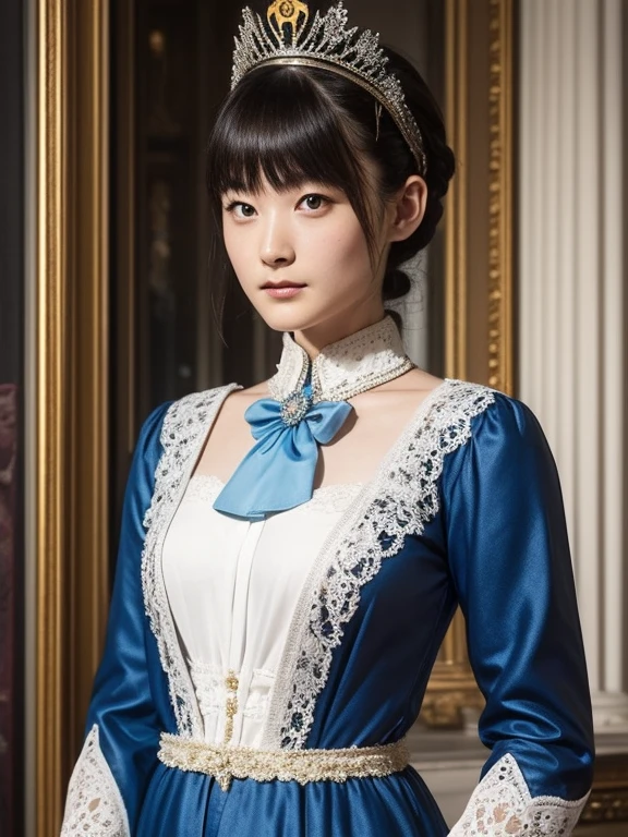 (Ultra-high resolution), (masterpiece), (Attention to detail), (high quality), (最high quality), ((upper body shot)) , One Girl, Medieval Lady, ((Queen)), Victorian Style, race, silk, Long gown, High upstyle, tiara, Royal Blue, Silver Accessories, Luxury Background, Royal Palace Garden, Coat of arms, Luxurious curtains, Classic beauty, Sophistication, Noble, 王家のCoat of arms, Graceful pose, Noble atmosphere