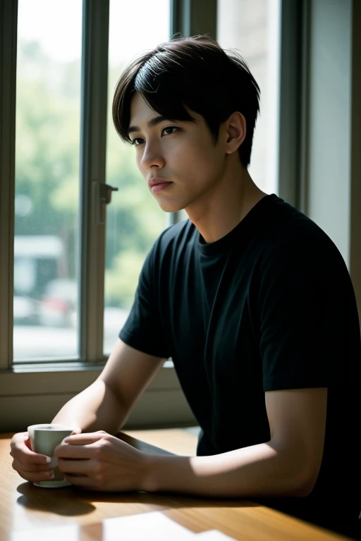 there is a man wearing black t-shirt sitting at a table with a cup of coffee and a cell phone, morning time, portrait of morning coffee, lofi portrait at a window, morning coffee, morning lighting, korean artist, early morning mood, summer morning light, male ulzzang, inspired by Kim Eung-hwan, cinematic morning light, sitting in a cafe alone