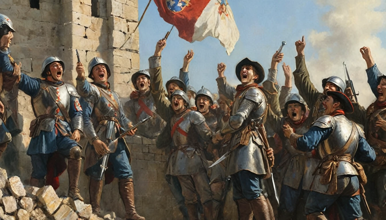 Medieval French soldiers on a collapsed wall, shouting with happiness and glory for victory, Middle Ages, American plane. The image shows several French soldiers in detailed armor and heraldic emblems, standing on a crumbling wall. Their faces are lit with joy and triumph as they raise their weapons and shout in celebration. The wall is partially destroyed, with rubble around it, indicating the recent battle. The background shows a clear sky, symbolizing the peace that follows victory. The sunlight shines on the soldiers, highlighting their expressions of happiness and pride. The atmosphere captures a moment of euphoria and glory in the midst of devastation., Surrealism, Hyperrealism, Impressionism, wide shot, cowboy shot, UHD, retina, masterpiece, accurate, anatomically correct, textured skin, super detail, award winning, 8k