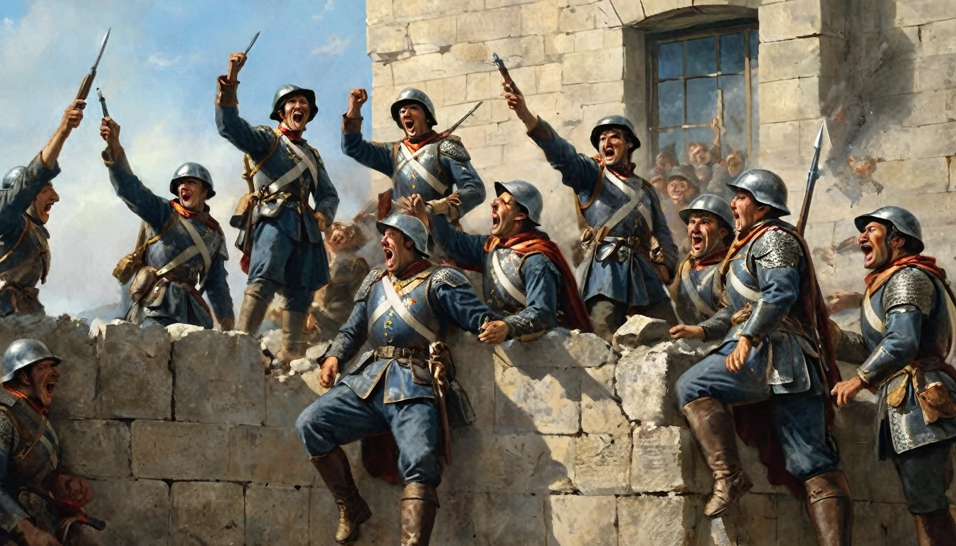 Medieval French soldiers on a collapsed wall, shouting with happiness and glory for victory, Middle Ages, American plane. The image shows several French soldiers in detailed armor and heraldic emblems, standing on a crumbling wall. Their faces are lit with joy and triumph as they raise their weapons and shout in celebration. The wall is partially destroyed, with rubble around it, indicating the recent battle. The background shows a clear sky, symbolizing the peace that follows victory. The sunlight shines on the soldiers, highlighting their expressions of happiness and pride. The atmosphere captures a moment of euphoria and glory in the midst of devastation., Surrealism, Hyperrealism, Impressionism, wide shot, cowboy shot, UHD, retina, masterpiece, accurate, anatomically correct, textured skin, super detail, award winning, 8k
