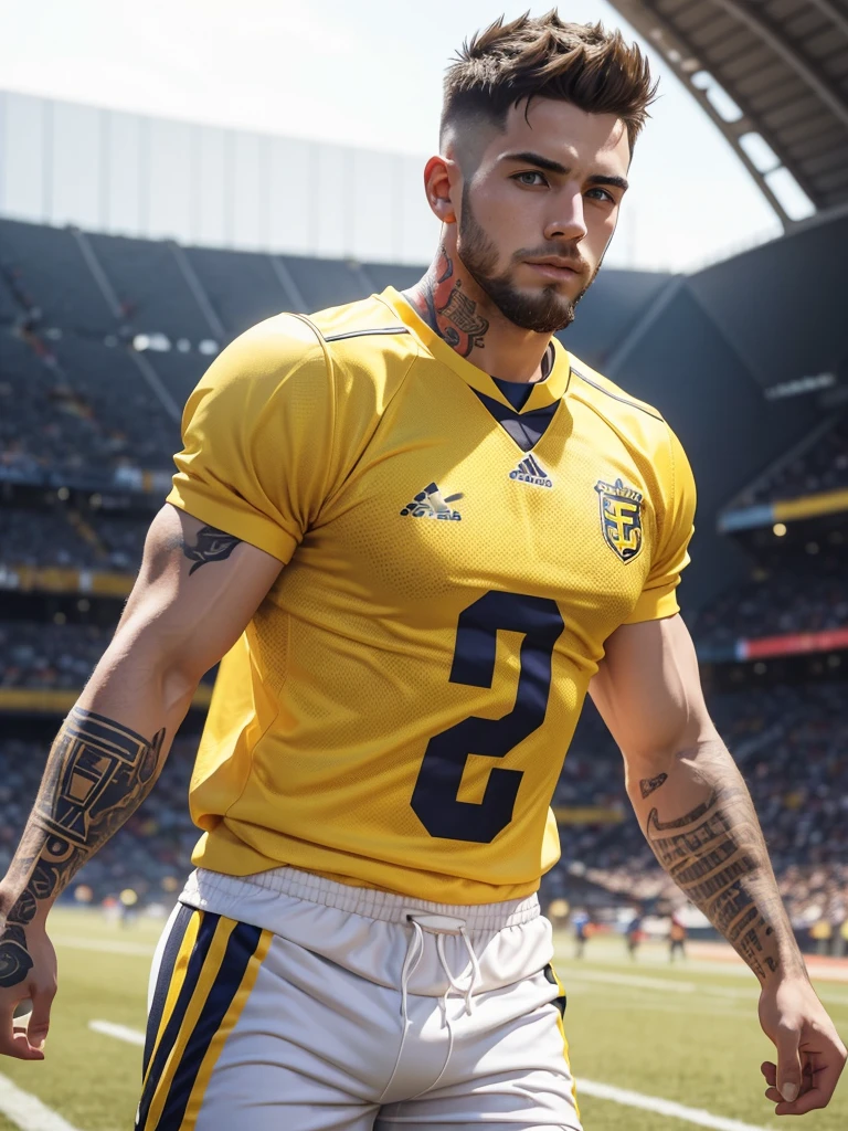 a 25 year old man, short sleeve yellow sweater, white shorts, muscular, tattoos, short spiky hair, beautiful face, white skin, very short beard, football field background with yellow, blue and red colors