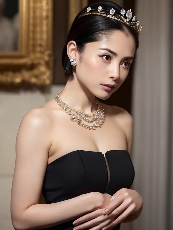 (Ultra-high resolution), (masterpiece), (Attention to detail), (high quality), (最high quality), ((upper body shot)) , One Girl, Medieval Lady, ((Queen)), Modern Princess, Stylish dresses, Bobcut, simple tiara, Elegant Jewelry, Glittering earrings, Royal Seal, Refined beauty, Minimalist, Sense of luxury, Charisma, Elegance, Modern palace, Crystal Decoration, stylish ambiance