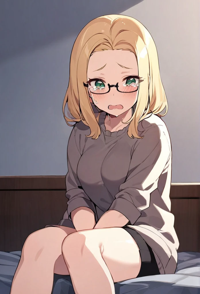 chubby girl, blonde, medium length hair, open forehead, no bangs, green eyes, black square-rimmed glasses, tears, sitting on the bed, casual clothes
