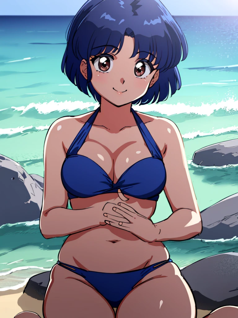 HDR, CG, sharp focus, (8k), (4k), masterpiece, best quality, detailed skin, extremely detailed, hiper detailed, sharp focus, looking at viewer, high quality, AKANE, Akane tendou, short hair, blue hair, brown eyes , tetas grandes, solo, 1girl, beach background, hands on chest,  sit on rockd, bikini, waving, happy smile, 
