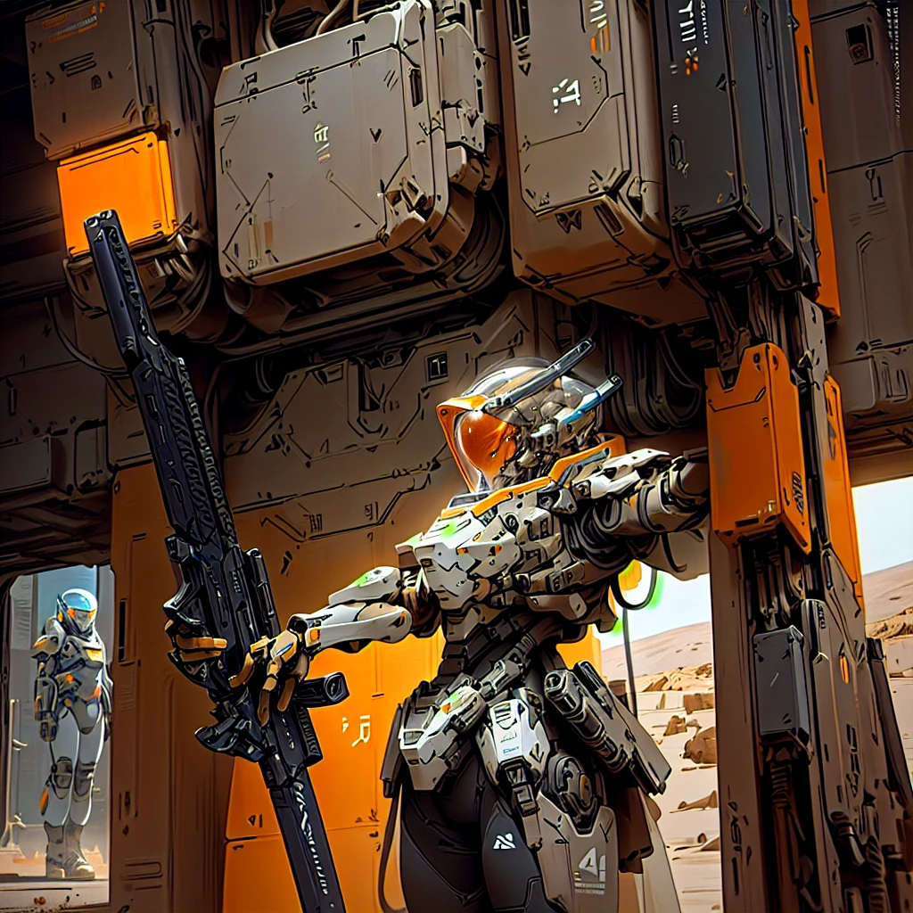 a close up of a person holding a gun in a desert, space soldier on mars with a gun, sci-fi soldier, ps5 cinematic screen capture, hardsurface armour, hq 4k phone wallpaper, cybersuits, cybernetic fire armor, hq 4k wallpaper, 2020 video game screenshot, futuristic soldier, created in unreal engine 5