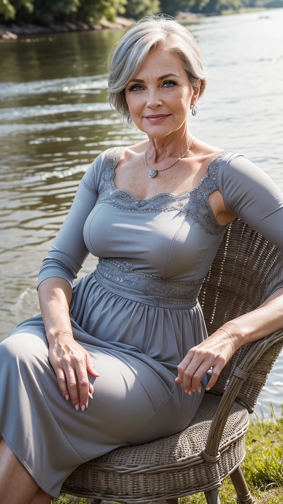 Realistic portrait of a mature woman, 60 years old, wearing grey dresses elegant motif. She should have a natural appearance, curvaceous forms, blue eyes, gray hair, smile, Shoot this image in high resolution with a 35mm lens to get a good perspective. Sitting on the chair, river and Meadow views 