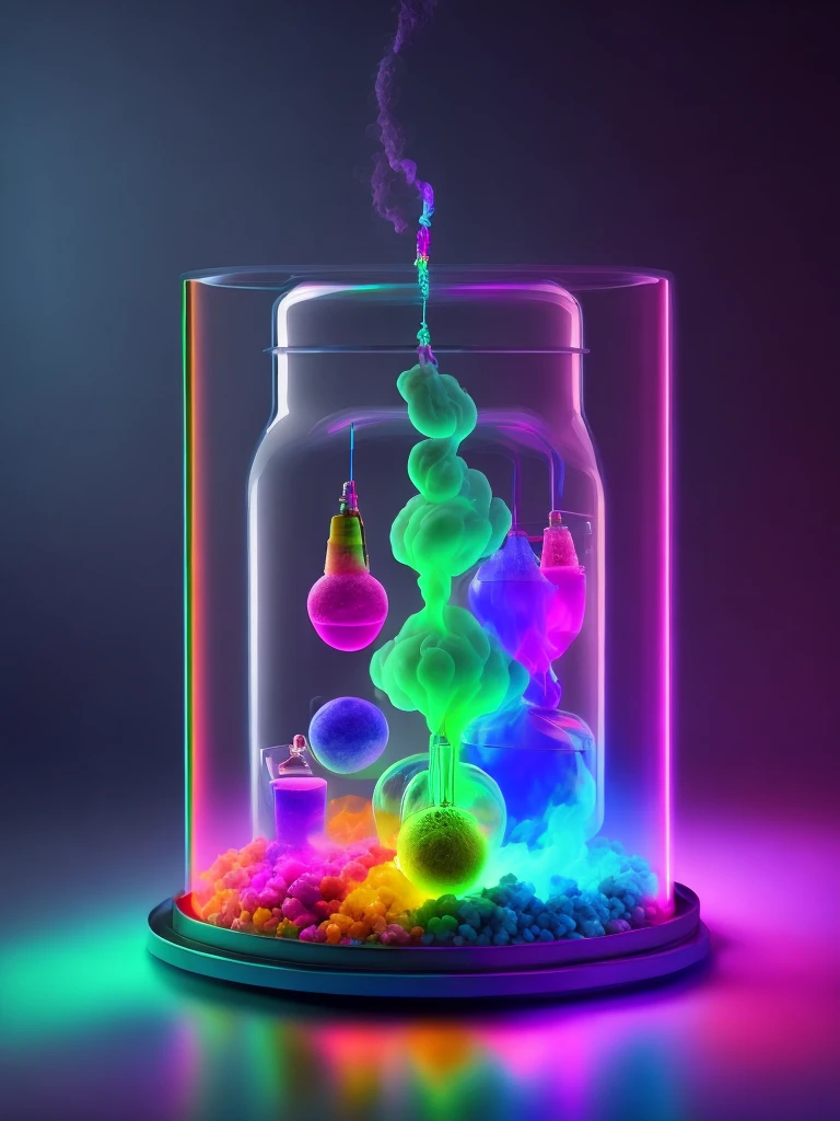In a laboratory, neon colors are transferred to Ape in a glass capsule and colored smoke comes out of the capsule. there are splashes of neon color around and some broken wires transferring color in places.